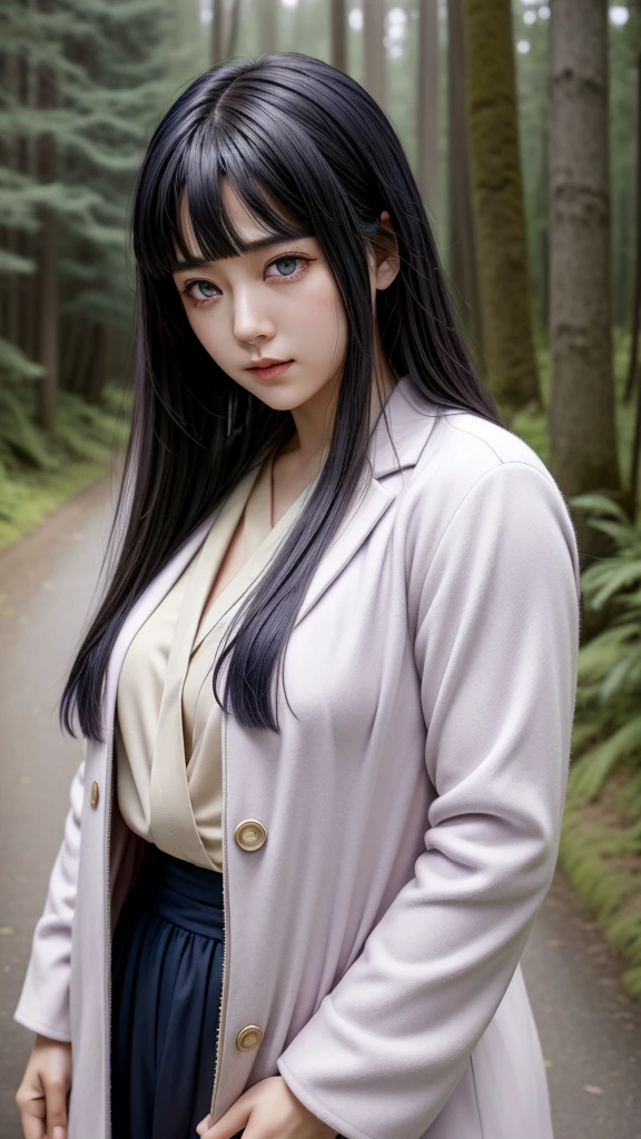 An ultra realistic depiction of Hinata Hyuga from the Naruto series, featuring her distinct lavender-toned eyes with a soft glow due to her Byakugan abilities. She has long, dark indigo hair that cascades down her shoulders, with bangs framing her gentle, determined face. Her expression is calm and compassionate, showcasing her kindness and strength. Dressed in her iconic light lavender and cream-colored jacket with navy accents, she stands against a soft, blurred background of a traditional Japanese village or forest. High-definition textures reveal skin, hair strands, and clothing details. Ultra realistic.High Resolution, Bangs, Black Hair, 