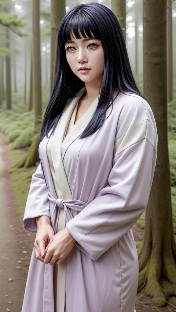 An ultra realistic depiction of Hinata Hyuga from the Naruto series, featuring her distinct lavender-toned eyes with a soft glow due to her Byakugan abilities. She has long, dark indigo hair that cascades down her shoulders, with bangs framing her gentle, determined face. Her expression is calm and compassionate, showcasing her kindness and strength. Dressed in her iconic light lavender and cream-colored jacket with navy accents, she stands against a soft, blurred background of a traditional Japanese village or forest. High-definition textures reveal skin, hair strands, and clothing details. Ultra realistic.High Resolution, Bangs, Black Hair, 