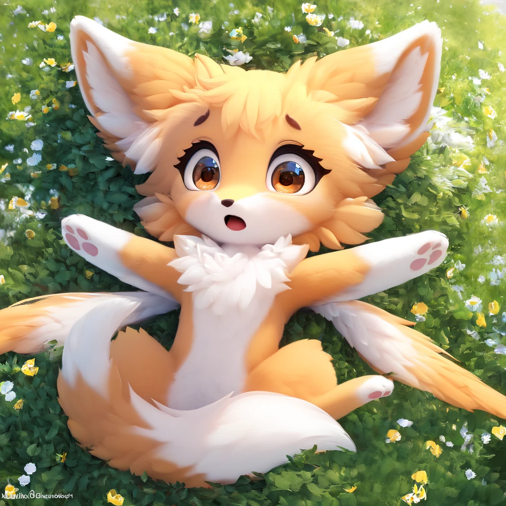 2.5D, Delicate and dynamic, cute fox lying on its back,  surprised expression with her eyes wide open, Spread her arms and hands wide , Fluffy