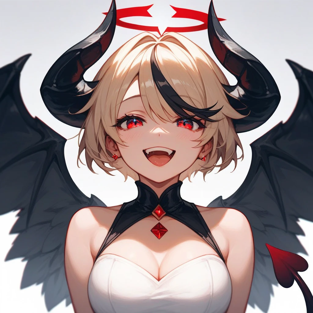 (( best quality )) ((masterpiece)) 1mulher,  demon, short hair,  blond hair with black highlights , Left eye color is blue, right eye color is red, red pele,  black demon tail , Angel halo over head , pair of handles, white wings, black left wing ,  Happy facial expression , Black horns, Half heaven and half hell scenario, White dress, White shirt 