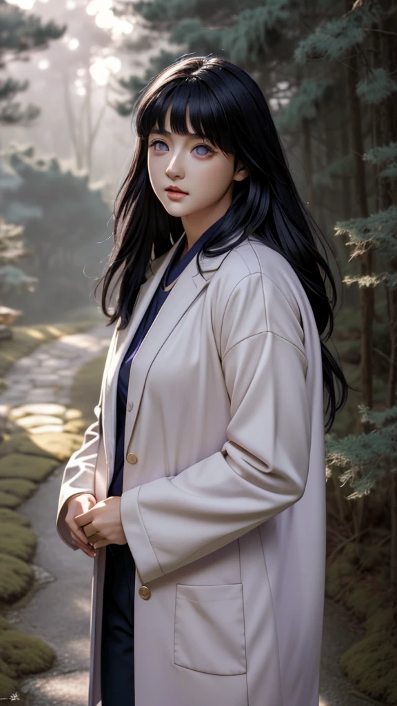 An ultra realistic depiction of Hinata Hyuga from the Naruto series, featuring her distinct lavender-toned eyes with a soft glow due to her Byakugan abilities. She has long, dark indigo hair that cascades down her shoulders, with bangs framing her gentle, determined face. Her expression is calm and compassionate, showcasing her kindness and strength. Dressed in her iconic light lavender and cream-colored jacket with navy accents, she stands against a soft, blurred background of a traditional Japanese village or forest. High-definition textures reveal skin, hair strands, and clothing details. Ultra realistic.High Resolution, Bangs, Black Hair, 