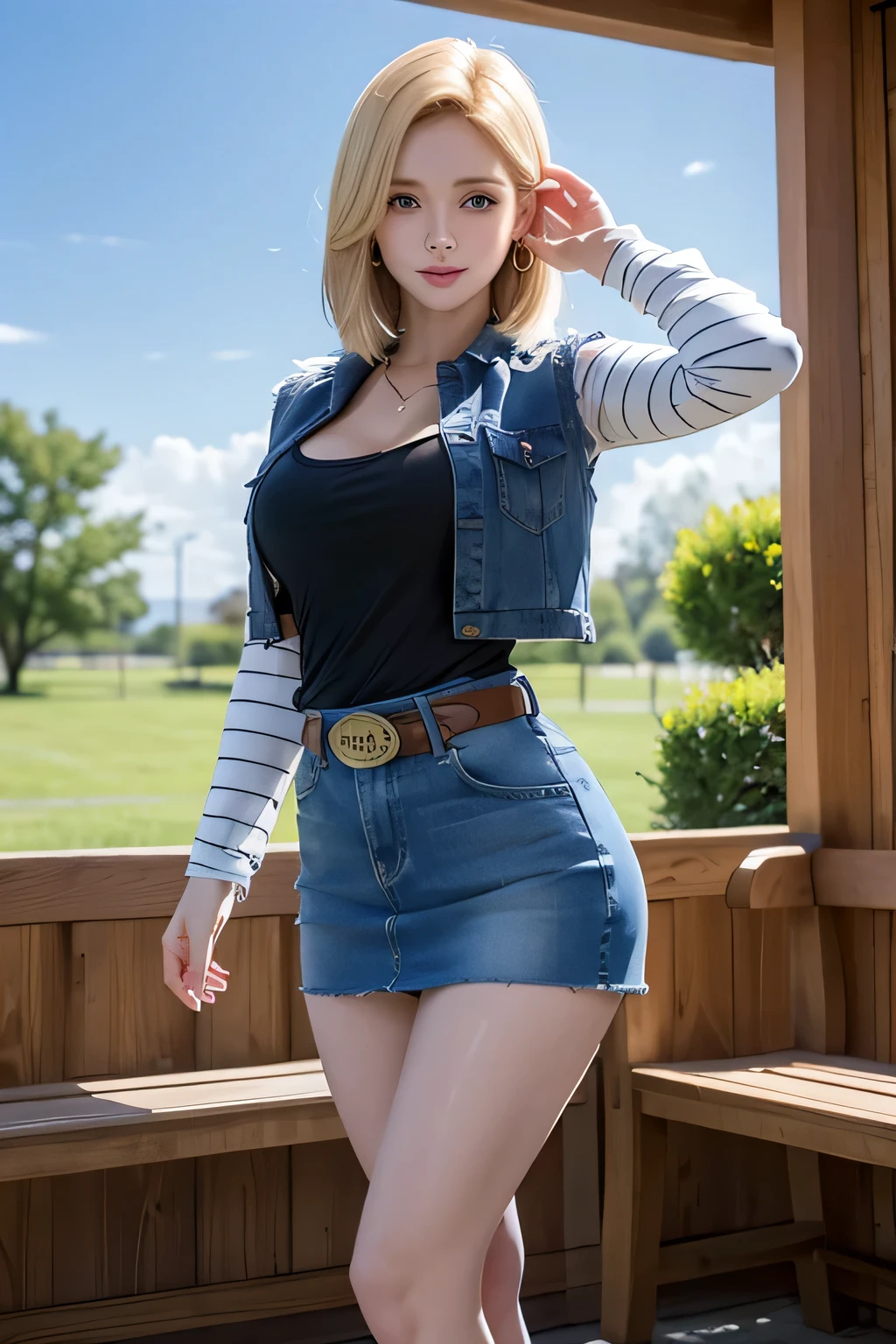 One girl wears a denim mini skirt , She wears a Black T-shirt with high cleavage, Standing in front of the window, Young beautiful amouranth, hyper realistic anime, seductive anime girl, perfect android girl, Android 18, , Light Blonde hair, Medium hair shaggy cut for women, Blue Transparent eyes of Slavic Caucasians, She has sexy double eyelids above and below her eyes, The flash in the eyeballs is brilliant, Wearing round earrings, Tight Long sleeves with black stripes on a white background, Blue denim mini vest, Blue denim mini skirt, The denim skirt's zipper seam line and stitching run vertically straight to the bottom of the skirt, Open-chested denim vest, Large breasts, Women's Western Cowboy Belt, Brown see-through pantyhose, Western short boots, Looking at viewer, Her whole body is visible on the screen, Her entire body is visible on the screen, from her head to her boots, On a bench, Slight smiling with closed lips standing next to bench , Blue sky, , outside, park, grass, Summer, trees, blue sky, high quality, masterpiece,