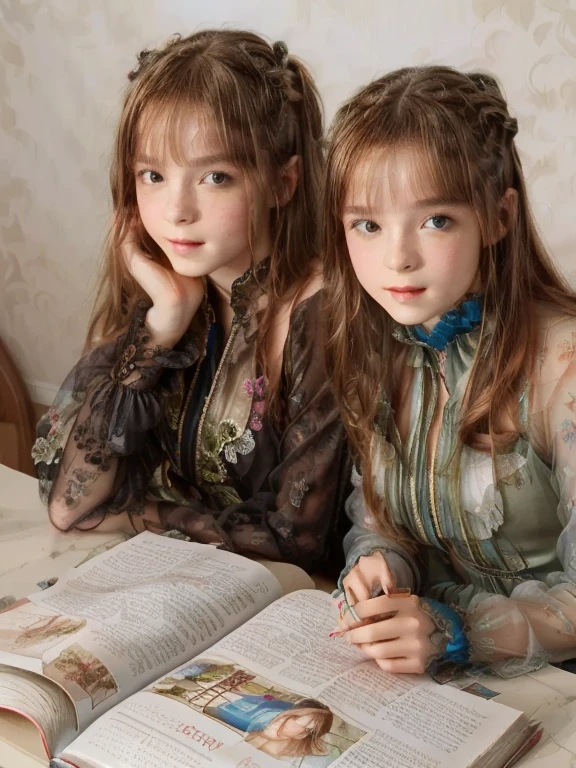  two women are sitting at a table with a book and magazine,  Russian clothes , two girls, Capp , beautiful twins twins portrait, beautiful twins twins, Young girls,  beautiful sci-fi twins , Russian style, they're very serious , gorgeous faces ,  high quality portrait , Dasha Taran, ,  ayanamikodon and Irakli Nadar  , by Olga Rozanova