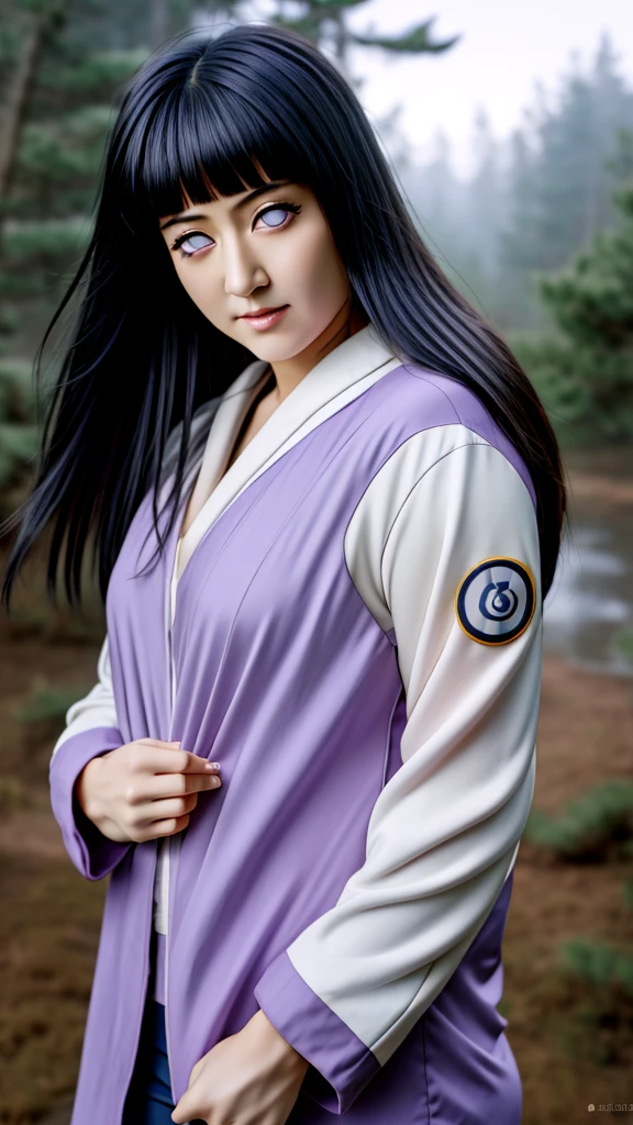 An ultra realistic depiction of Hinata Hyuga from the Naruto series, featuring her distinct lavender-toned eyes with a soft glow due to her Byakugan abilities. She has long, dark indigo hair that cascades down her shoulders, with bangs framing her gentle, determined face. Her expression is calm and compassionate, showcasing her kindness and strength. Dressed in her iconic light lavender and cream-colored jacket with navy accents, she stands against a soft, blurred background of a traditional Japanese village or forest. High-definition textures reveal skin, hair strands, and clothing details. Ultra realistic.High Resolution, Bangs, Black Hair, 