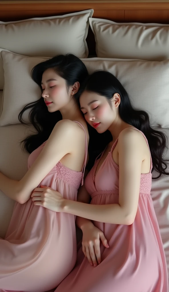 (black long hair:0.9),（Extremely meticulous CG 8k wallpaper），16k,（Extremely refined and beautiful），（Masterpiece），（best qualtiy:1.0），（Ultra High Resolution:1.0),beautiful light up，Perfect lightning,realistic shaded，[A high resolution],(Smooth and flawless fair skin:1.5),(shiny skin:1.5),Extremely exquisite facial details，ultra - detailed,2  girls,small head,dawn,dim light,Close Shot,in hospital,(lying flat on back in hospital bed:1.3),(laughing:1.3),top down overhead camera perspective，small face,（perfect body:1.1）,small breasts，flat chest，slim,(White nightgown:1.5),(femal orgasmic:1.5),(blush:1.3),ahegao,cowboy shot,portrait