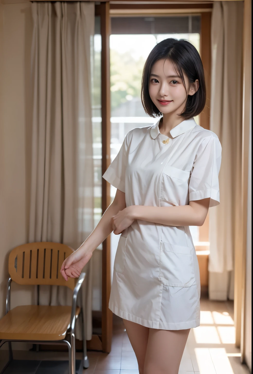 masterpiece, Top quality , high品質, high解析度, high品質 textures, high品質 shadows, high細節, realistic, Cinematic Lights , side lights, lens flare , light tracking , Sharp focus , beauty的年輕女孩, (1girl, 21 years old, alone), black hair, a woman, grace, [high, Half-length Bob Cut , Nurse, Hospital, 穿著WhiteNurse服, White , ( White蕾絲絲襪). Wearing Hearing Aids From Neck . Standing, Slim thighs, Small Breasts, Slim, long eyelashes, mature, White運動鞋, Smile, beauty, realism, Realistic Photo, 【8k