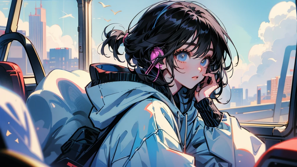 "80s anime style, featuring a single character: an adult woman with long, straight black hair, wearing a trendy hoodie. She is listening to music with headphones, bathed in sunlight under a bright and simple sky, creating a cheerful and lighthearted atmosphere."