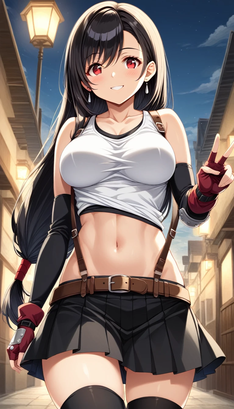 , ,front_view,breast below view,p,(soro focus),standing,straight-on,,(tank toplift;1,3),(),puffy nipple,selfie,(mediumshot:1),looking_at_viewer ,1girl, tifa lockhart, final fantasy,(beautiful woman). tareme,black hair, low-tied long hair, red eyes, bangs, white tank top,gap, belt, pleated skirt, thighhighs, elbow fingerless gloves, elbow pads, midriff, navel,suspender skirt.zettai ryouiki ,(large_breasts:1.2),((perky breasts;1,3)),(light smile),slender_waist:1.2 ,Solo,,(daytime and outdoors),(masterpeace),(best quality),((aesthetic,very aesthetic)),,highly detailed,(megami_magazine),(professional lighting),(cinematic lighting),great lighting,