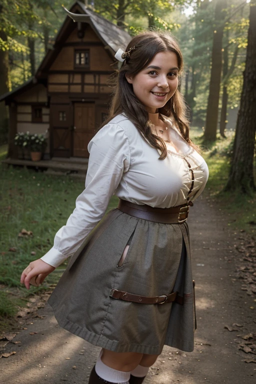 photographie, meisterwerk, High Resolution, realistisches bild, ((deutschland, mittelalter, nebliger bergwald, a young chubby German pre-school girl, sehr jung 8 jahre alt, she wears medieval authentic clothing, auf dem Weg nach Hause mit 4 jungen Freundinnen, lachen und spielen)), ((unusually large bust size for her young age, wide hips)), smiles flirtatiously and shyly, lifting skirt pikaboo