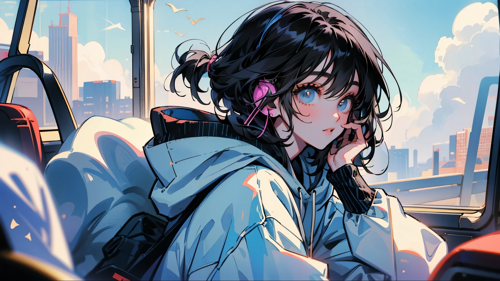 "80s anime style, featuring a single character: an adult woman with long, straight black hair, wearing a trendy hoodie. She is listening to music with headphones, bathed in sunlight under a bright and simple sky, creating a cheerful and lighthearted atmosphere."