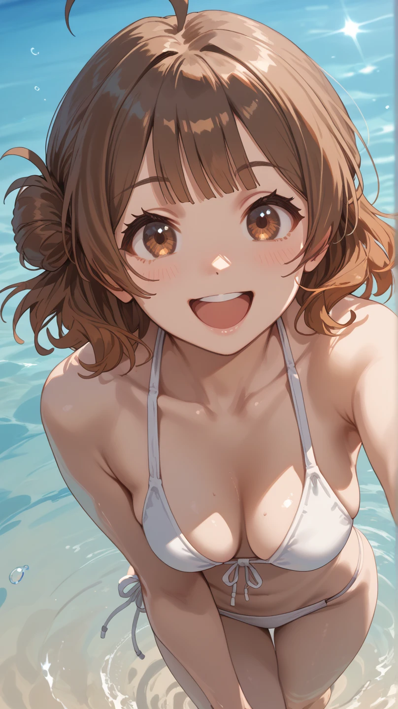 1girl, solo,
ume-default, hanami ume, brown eyes, brown hair,medium hair, hair bun,ahoge,
swimsuit, bikini, white bikini,
smile, open mouth,