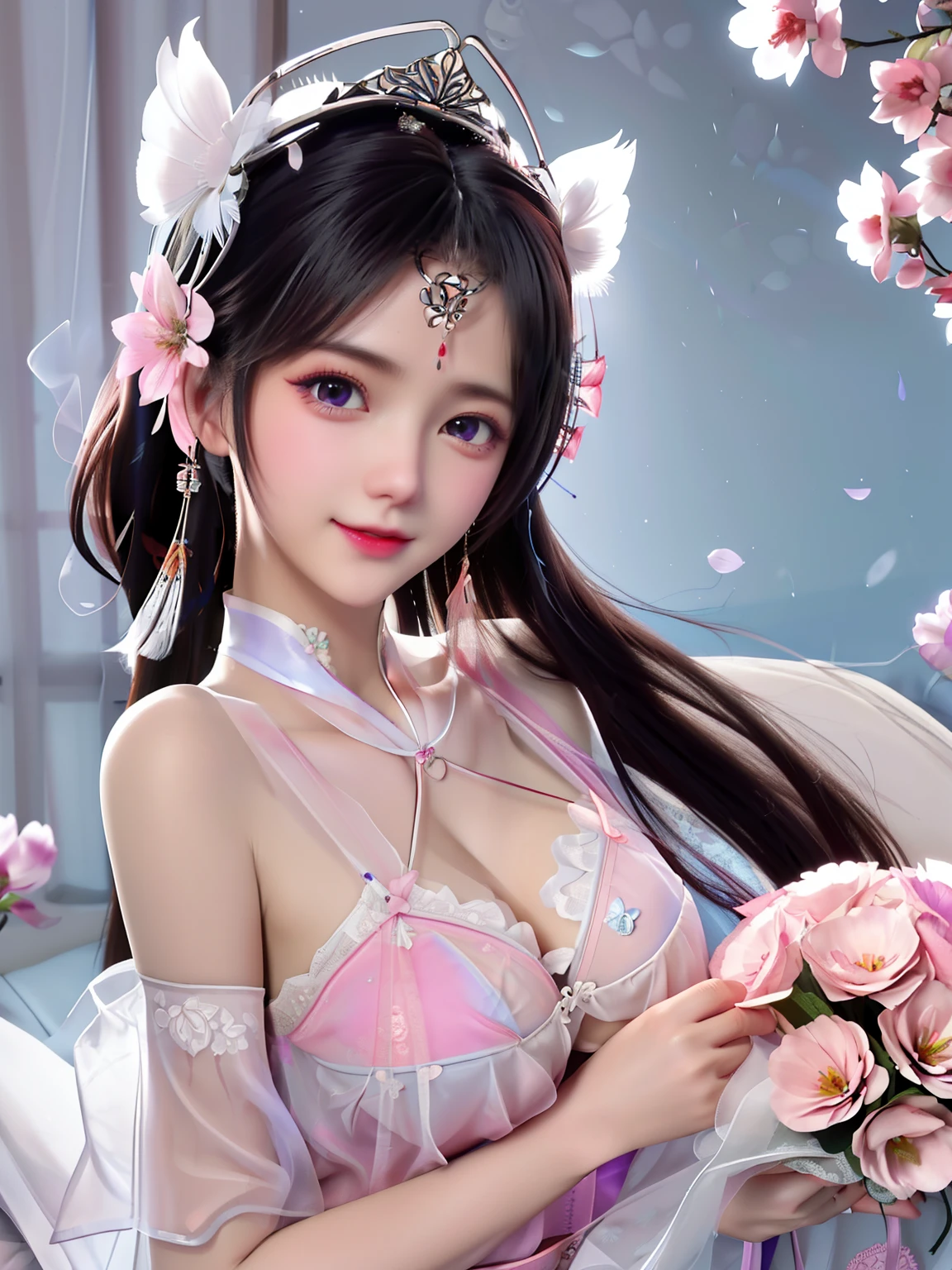 A gentle and lovely Chinese beautiful woman, delicate sexy collarbone, charming goose egg face, double eyelids, smart peach blossom eyes, pink lips, small upturned nose, bare shoulders, focused face, face close-up, ultra HD, super detail, full body photo, ultra-thin light transmission, optimal ratio of four fingers and one thumb, cat ears
