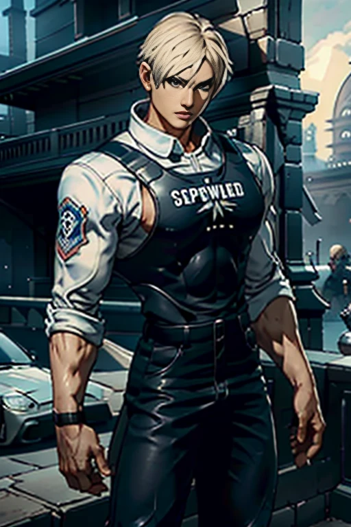 (   CG in detail), (  Best Quality ), (   CG in detail), (  Best Quality ), (Rock Howard), (Overall view) SWAT Clothing,  beautiful and charming young man,    tight muscles ,  big breasts at the temple, 