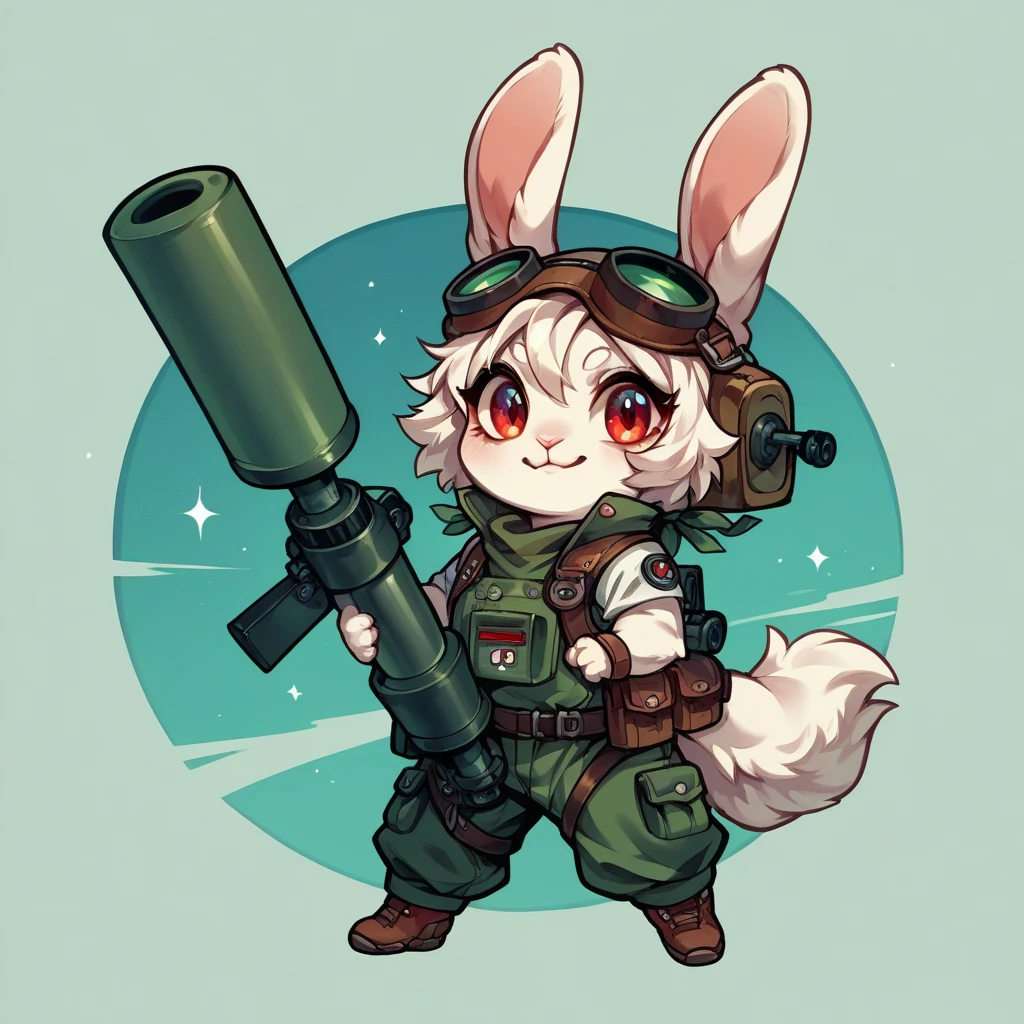 score_9, score_8_up, score_7_up, score_6_up, source_furry, 1 chibi girl, solo, full body, A white Furry rabbit Girl in a active suits holding a rocket launcher with a carrot warhead, red eyes, Fluffy, smile, High contrast and vivid color, minimalism