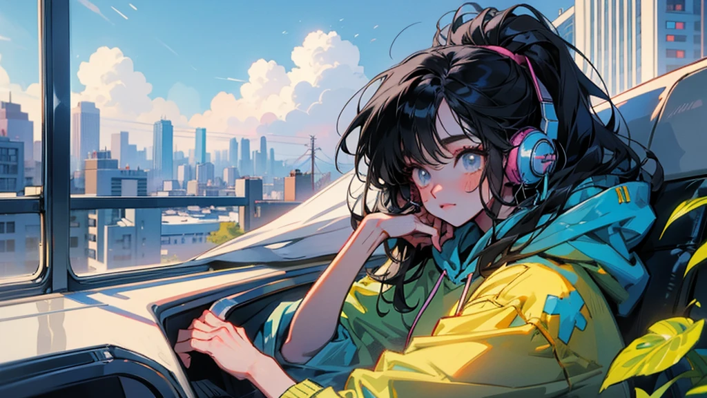 "80s anime style, featuring a single character: an adult woman with long, straight black hair, wearing a trendy hoodie. She is listening to music with headphones, bathed in sunlight under a bright and simple sky, creating a cheerful and lighthearted atmosphere."