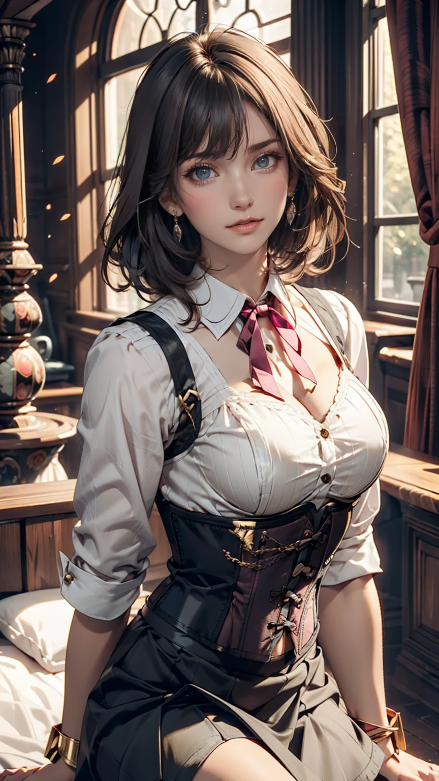 girl, Gray-haired, Short-haired, Yellow-eyed, Small breasts, Cat hair accessories, Side Lock, Gray-haired, Shiny Hair, uniform, (Golden Eyes: 1.2), (Skirt has two long triangular extensions, abdominal vest corset), White buttons on the best corset, (A short-sleeved striped shirt under a vest corset), (The cuffs are close to the arms), (Thick black ribbon around neck), ( short magenta skirt),