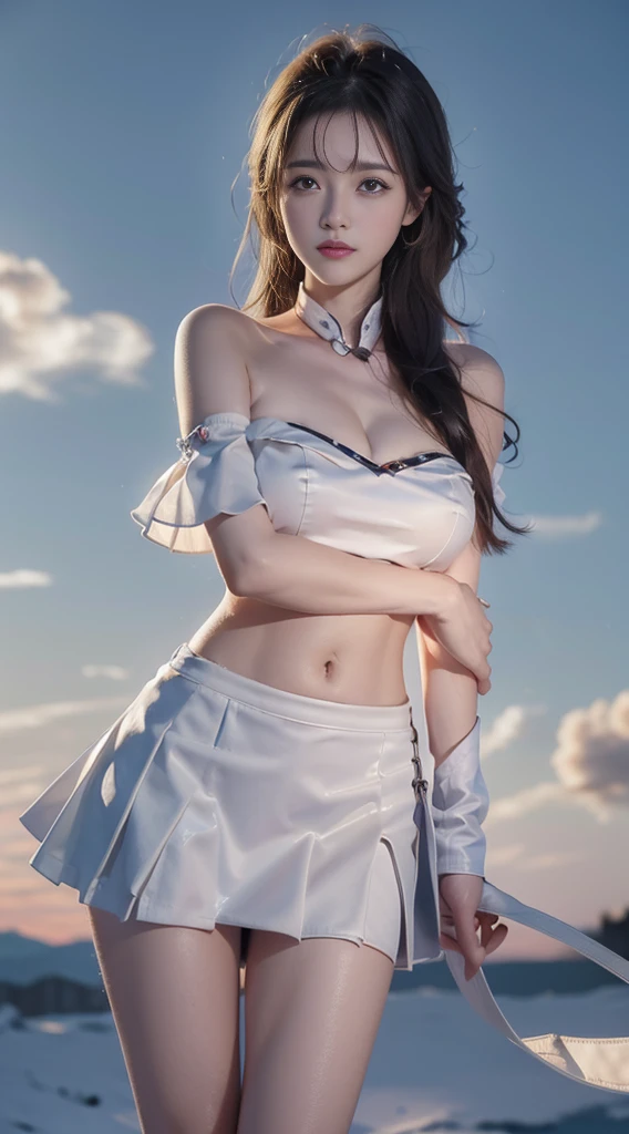 PW_Nurse, (( cowboy shooting)), (( bare shoulders )), ((Short skirt, Sexy long legs)), ((Elegant and charming posture, Random View)),  actual  detailed photo of a giant breasted girl with exposed shoulders, Detailed fingers,  high quality skin , Red Eyes, Alone in a winter scene with clouds, wind, And long flowing hair, ( Best Quality ,4K,8K, high resolution ,masterpiece:1.2), super detailed,( actual ,photo actual ,photo- actual :1.37), Studio Lighting , vivid colors 