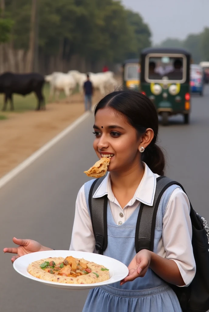 A cute 15-year-old Indian girl in a jumper skirt uniform sprints on the road to school, holding a poori (a fried thin bread) in her mouth, a plate made of bound leaves (with vegetable curry inside) in her left hand, a school bag on her back, and cows and autorickshaws on the road in the background.