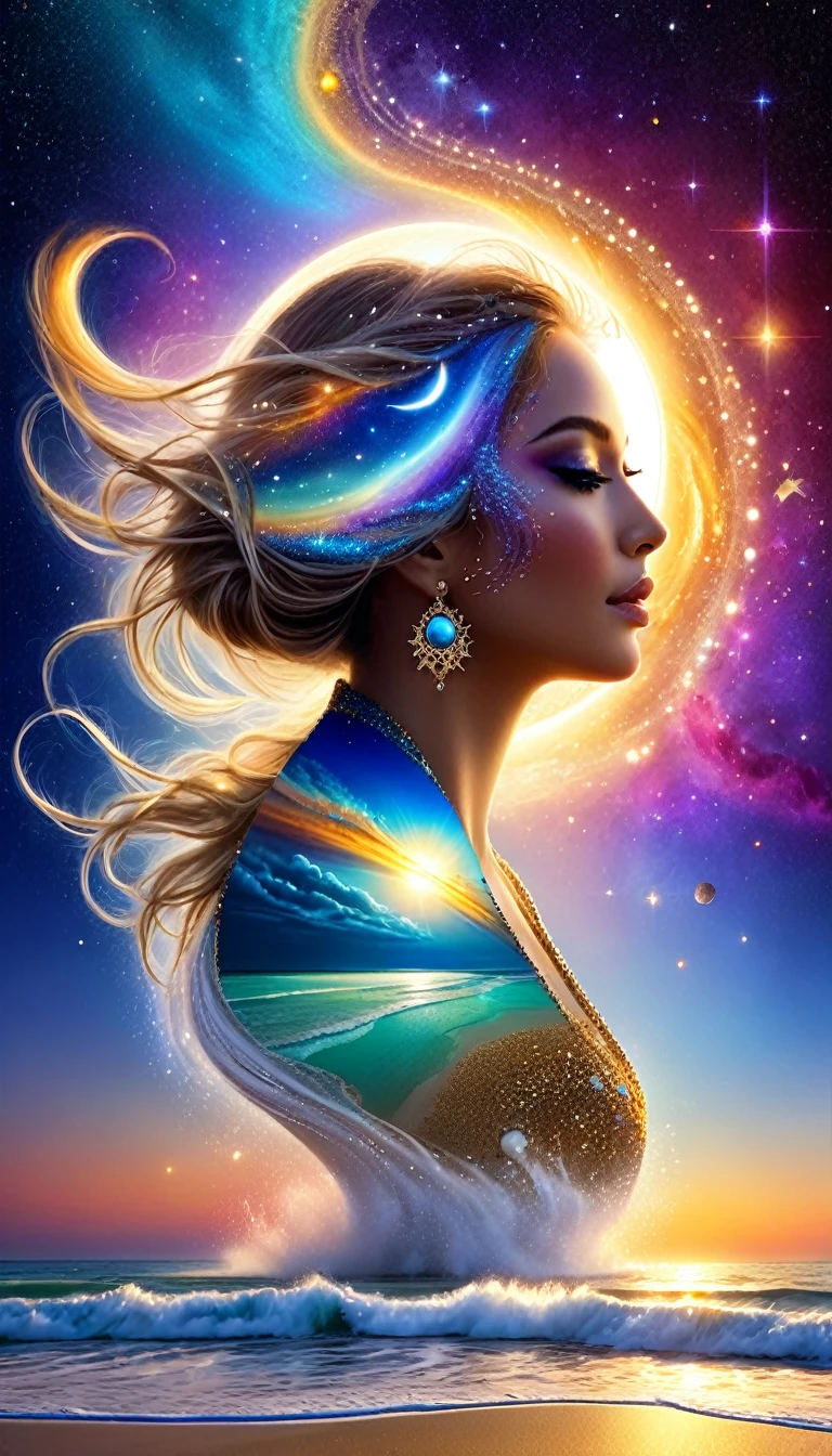 Cosmic beauty, colours of love, sand and sea, the love of nature and beauty of the sky, slipping through the ethers where fantasy meets reality, magic is so beautiful and sparkly, full of light and gorgeous sunlight, the sun rises in bliss and joy.