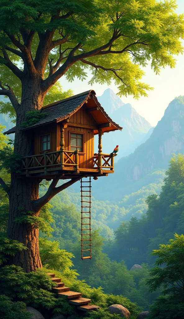 A cozy wooden tree house nestled high among the branches of a tall tree in a lush, green forest. The time is early morning, with soft sunlight filtering through dense, vibrant green leaves, casting dappled light across the tree house's rustic wood. In the distance, mist-covered mountains rise, their peaks bathed in golden morning light. The tree house has a small wooden balcony with a rope ladder hanging down, and nearby branches hold a few colorful birds and dewdrop-covered leaves. The atmosphere is peaceful, with a hint of adventure, surrounded by the tranquil beauty of nature.