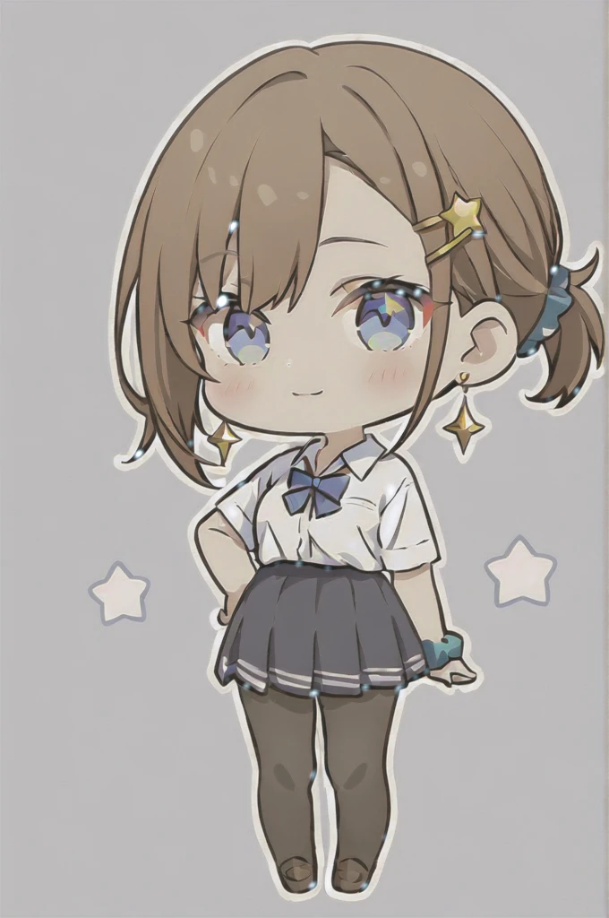 High image quality
 Female High School、Blue Eyes、 brown hair、 short ponytail 、 asymmetrical bangs , 、front、 school uniform、Simple eyes、solo, whole body、Background white、Standing、Fancy earrings、Gal、star shaped hairpin 、Scrunchie、 short skirt、 black tights、Chibi character