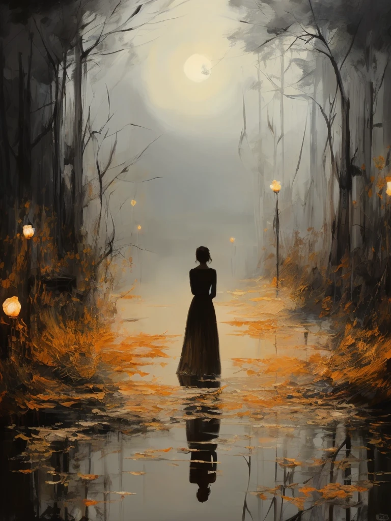 Painting a woman in a long dress standing in a dark forest, Fine Art UHD 4K ,  inspired by Jakub Schikaneder , woman in a dark forest,  girl under the lantern , Mood painting , Detailed painting 4k,  fantastic digital painting, A quiet night. Digital Illustration,  fantasy digital painting ,  4K digital painting ,  4K digital painting 