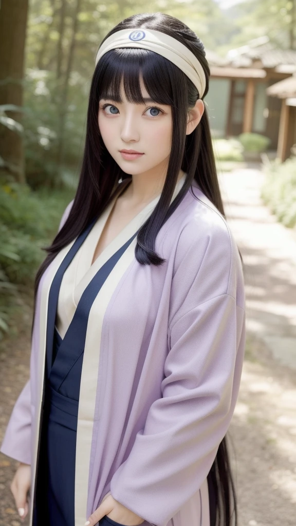 An ultra realistic depiction of Hinata Hyuga from the Naruto series, featuring her distinct lavender-toned eyes with a soft glow due to her Byakugan abilities. She has long, dark indigo hair that cascades down her shoulders, with bangs framing her gentle, determined face. Her expression is calm and compassionate, showcasing her kindness and strength. Dressed in her iconic light lavender and cream-colored jacket with navy accents, A headband protector with konoha emblem on her neck, she stands against a soft, blurred background of a traditional Japanese village or forest.