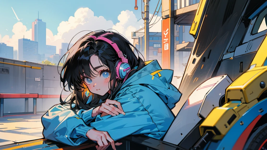 "80s anime style, featuring a single character: an adult woman with long, straight black hair, wearing a trendy hoodie. She is listening to music with headphones, bathed in sunlight under a bright and simple sky, creating a cheerful and lighthearted atmosphere."