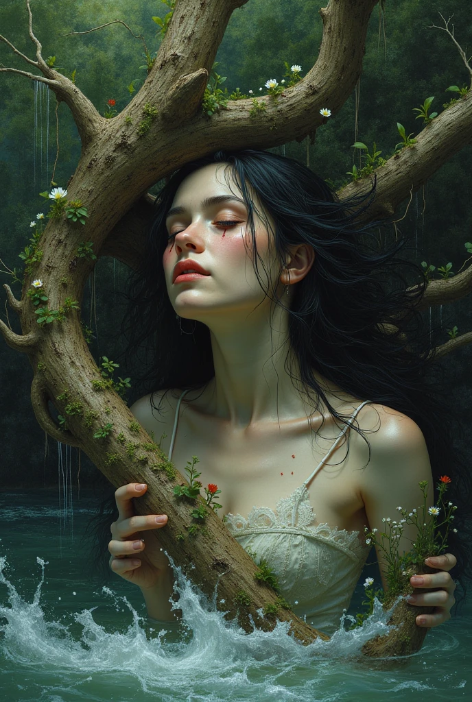 A dead woman's body, Eyes closed, half fermented, half hidden in a swamp, wild roses, Full of details and textures. It's horrible and beautiful at the same time.