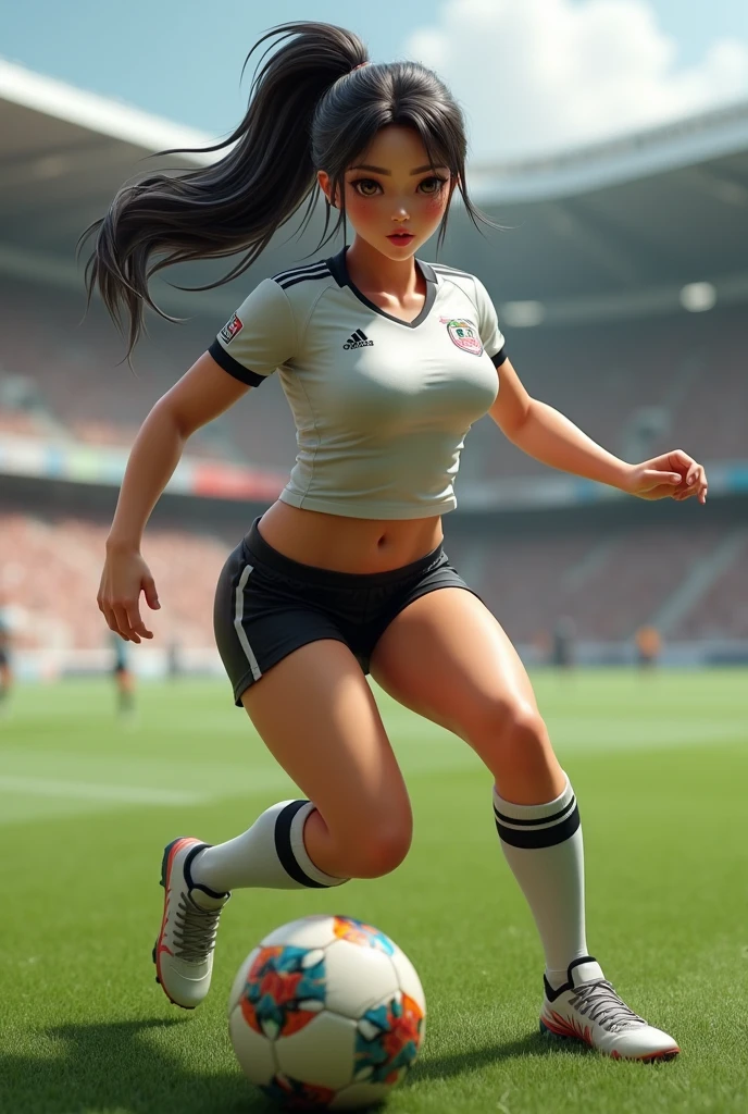 (Best Quality,8K,hight resolution,masuter piece:1.2),Ultra-detailed,Realistic:1.37,Portrait,Dynamic Angle,(Female football‐soccer player) ,Teenage girl,small head,Cute,Sporty,Charming face,Detailed beauty face,Very realistic skin,Wet skin,Sweat,Large breasts,Trained abs,nice legs ,Sporty,soccer Competition Venues ,Cinematic lighting,