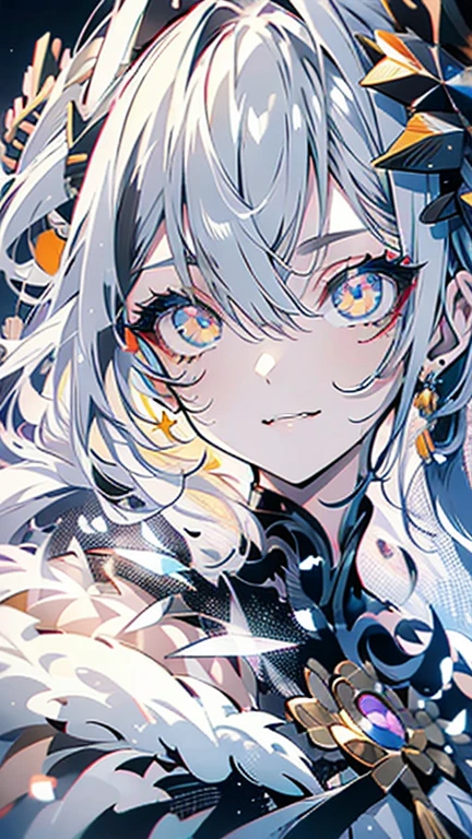 grey hair, white hair, ahoge, asymmetrical bangs, shiny hair, wet hair, mullet, crescent hair ornament, mole under eye, mismatched pupils, yellow eyes, longeyelashes, evil smile, fangs, doyagao, anime, anime style, Hyperrealism, god rays, character chart, omake, tachi-e, UHD, masterpiece, accurate, anatomically correct, high details, super detail, high quality, best quality, highres, 1080P, 16k