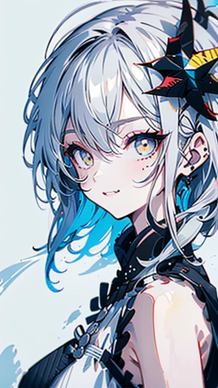 grey hair, white hair, ahoge, asymmetrical bangs, shiny hair, wet hair, mullet, crescent hair ornament, mole under eye, mismatched pupils, yellow eyes, longeyelashes, evil smile, fangs, doyagao, anime, anime style, Hyperrealism, god rays, character chart, omake, tachi-e, UHD, masterpiece, accurate, anatomically correct, high details, super detail, high quality, best quality, highres, 1080P, 16k