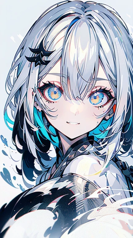 grey hair, white hair, ahoge, asymmetrical bangs, shiny hair, wet hair, mullet, crescent hair ornament, mole under eye, mismatched pupils, yellow eyes, longeyelashes, evil smile, fangs, doyagao, anime, anime style, Hyperrealism, god rays, character chart, omake, tachi-e, UHD, masterpiece, accurate, anatomically correct, high details, super detail, high quality, best quality, highres, 1080P, 16k