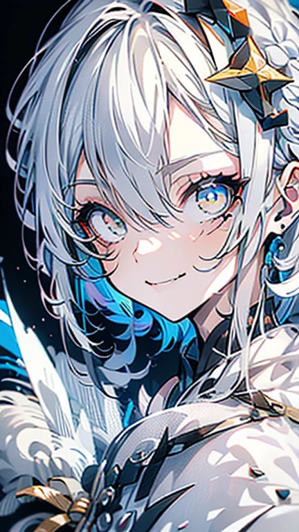 grey hair, white hair, ahoge, asymmetrical bangs, shiny hair, wet hair, mullet, crescent hair ornament, mole under eye, mismatched pupils, yellow eyes, longeyelashes, evil smile, fangs, doyagao, anime, anime style, Hyperrealism, god rays, character chart, omake, tachi-e, UHD, masterpiece, accurate, anatomically correct, high details, super detail, high quality, best quality, highres, 1080P, 16k