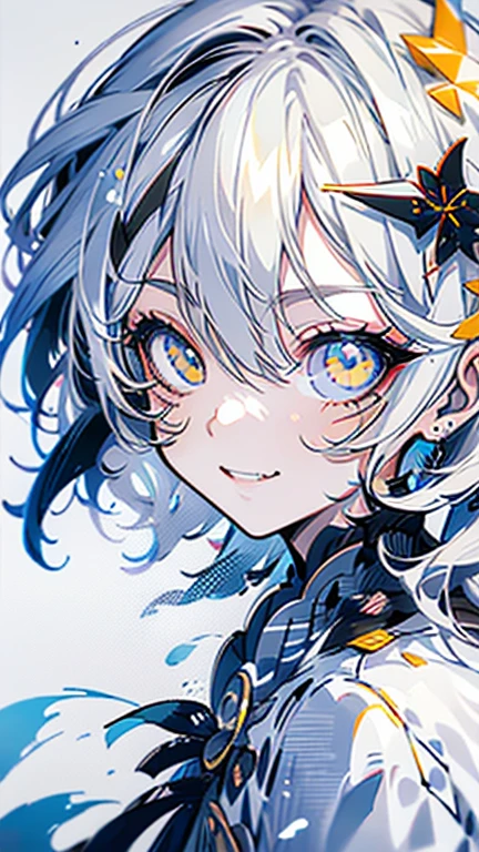 grey hair, white hair, ahoge, asymmetrical bangs, shiny hair, wet hair, mullet, crescent hair ornament, mole under eye, mismatched pupils, yellow eyes, longeyelashes, evil smile, fangs, doyagao, anime, anime style, Hyperrealism, god rays, character chart, omake, tachi-e, UHD, masterpiece, accurate, anatomically correct, high details, super detail, high quality, best quality, highres, 1080P, 16k