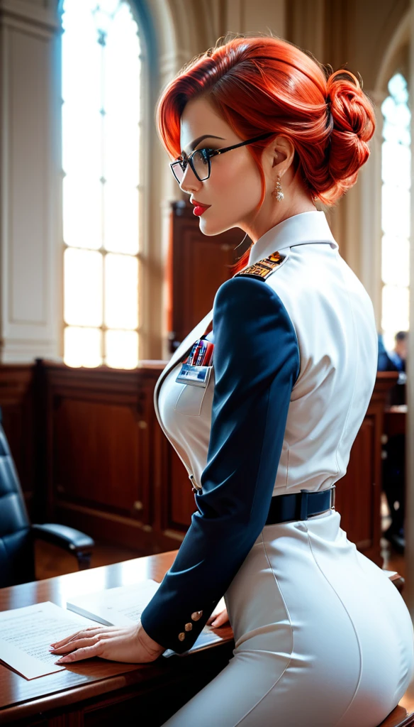 Female lawyer with red hair and glasses, sitting at the defense table, intense and focused, wearing a tight professional suit that shows her curves, courtroom background, From Side, 