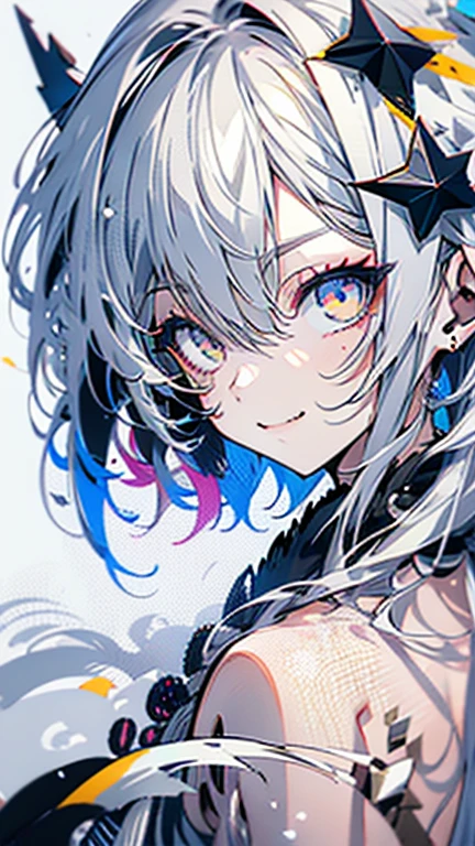 grey hair, white hair, ahoge, asymmetrical bangs, shiny hair, wet hair, mullet, crescent hair ornament, mole under eye, mismatched pupils, yellow eyes, longeyelashes, evil smile, fangs, doyagao, anime, anime style, Hyperrealism, god rays, character chart, omake, tachi-e, UHD, masterpiece, accurate, anatomically correct, high details, super detail, high quality, best quality, highres, 1080P, 16k