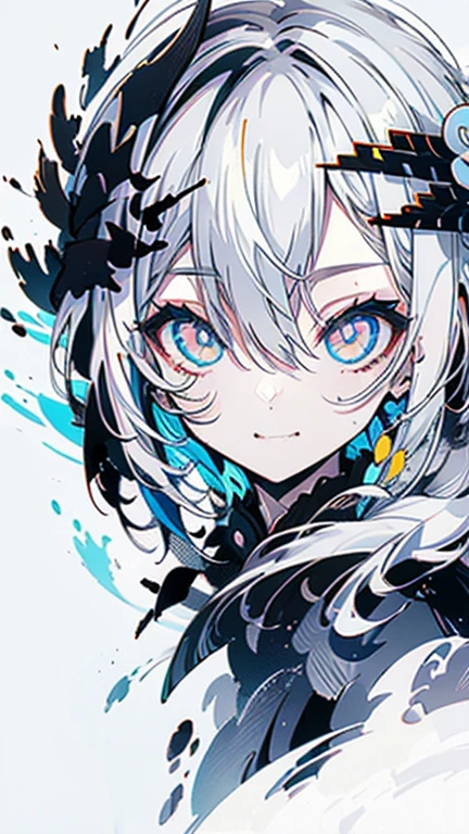 grey hair, white hair, ahoge, asymmetrical bangs, shiny hair, wet hair, mullet, crescent hair ornament, mole under eye, mismatched pupils, yellow eyes, longeyelashes, evil smile, fangs, doyagao, anime, anime style, Hyperrealism, god rays, character chart, omake, tachi-e, UHD, masterpiece, accurate, anatomically correct, high details, super detail, high quality, best quality, highres, 1080P, 16k