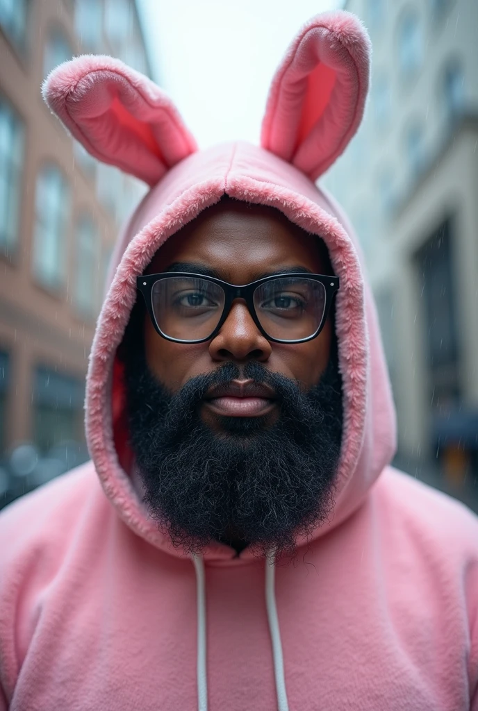 Highly realistic and detailed photograph of a medium-fat black man, 38 years old, average height 1.72, bald (shaved head), large head, large jaw, large black beard, wearing square prescription glasses and black frames, dressed in a pink bunny costume with a hood on his head in a square, lonely and rainy weather, full body