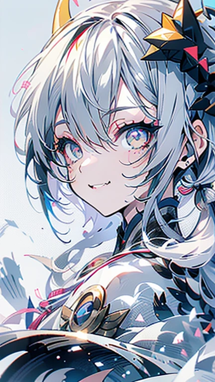 grey hair, white hair, ahoge, asymmetrical bangs, shiny hair, wet hair, mullet, crescent hair ornament, mole under eye, mismatched pupils, yellow eyes, longeyelashes, evil smile, fangs, doyagao, anime, anime style, Hyperrealism, god rays, character chart, omake, tachi-e, UHD, masterpiece, accurate, anatomically correct, high details, super detail, high quality, best quality, highres, 1080P, 16k