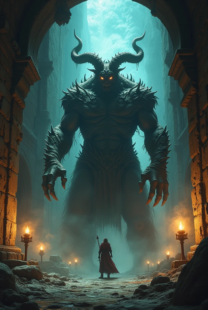 a monstrous gargoyle chained in a dark dungeon room