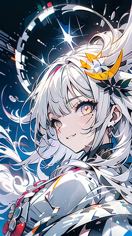 grey hair, white hair, ahoge, asymmetrical bangs, shiny hair, wet hair, mullet, crescent hair ornament, mole under eye, mismatched pupils, yellow eyes, longeyelashes, evil smile, fangs, doyagao, anime, anime style, Hyperrealism, god rays, character chart, omake, tachi-e, UHD, masterpiece, accurate, anatomically correct, high details, super detail, high quality, best quality, highres, 1080P, 16k