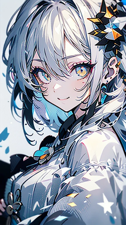 grey hair, white hair, ahoge, asymmetrical bangs, shiny hair, wet hair, mullet, crescent hair ornament, mole under eye, mismatched pupils, yellow eyes, longeyelashes, evil smile, fangs, doyagao, anime, anime style, Hyperrealism, god rays, character chart, omake, tachi-e, UHD, masterpiece, accurate, anatomically correct, high details, super detail, high quality, best quality, highres, 1080P, 16k