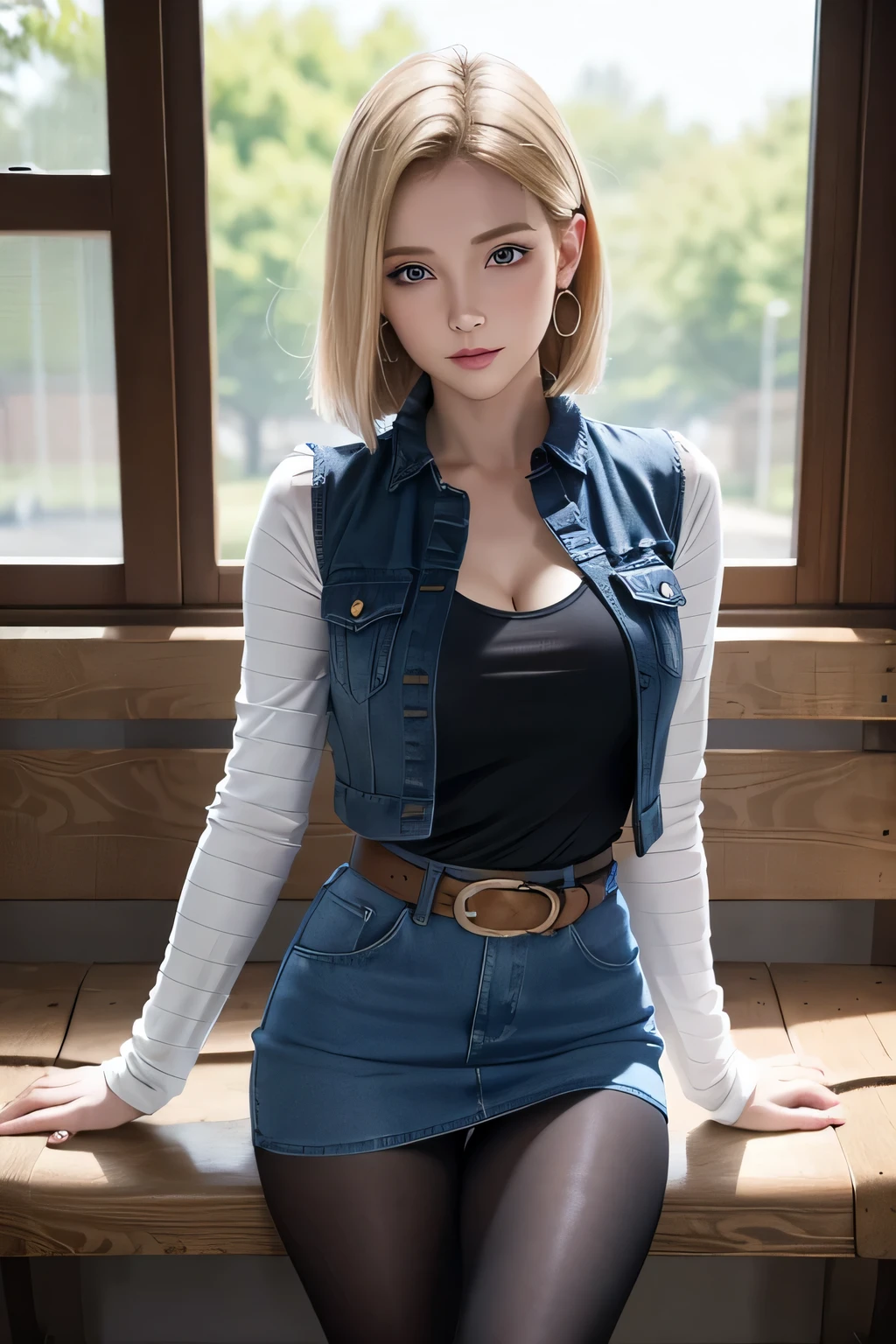One girl wears a denim mini skirt , She wears a Black T-shirt with high cleavage, Standing in front of the window, Young beautiful amouranth, hyper realistic anime, seductive anime girl, perfect android girl, Android 18, Light Blonde hair, Medium hair shaggy cut for women, Blue Transparent eyes of Slavic Caucasians, She has sexy double eyelids above and below her eyes, The flash in the eyeballs is brilliant, Wearing round earrings, Tight Long sleeves with black stripes on a white background, Blue denim mini vest, Blue denim mini skirt, The denim skirt's zipper seam line and stitching run vertically straight to the bottom of the skirt, Open-chested denim vest, Large breasts, Women's Western Cowboy Belt, Brown see-through pantyhose, Western short boots, Looking at viewer, Her whole body is visible on the screen, Her entire body is visible on the screen, from her head to her boots, On a bench, Slight smiling with closed lips standing next to bench , Blue sky, , outside, park, grass, Summer, trees, blue sky, high quality, masterpiece,