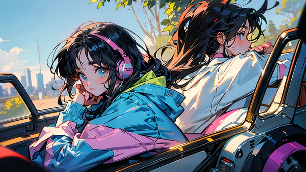 80s anime style, featuring a single character: an adult woman with long, straight black hair, wearing a trendy hoodie. She is listening to music with headphones, bathed in sunlight, surrounded by a calm and quiet atmosphere under a bright and simple sky.