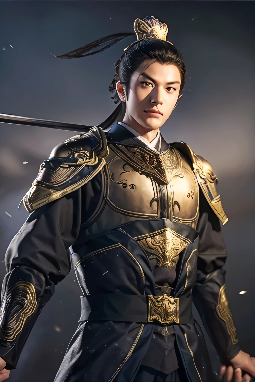 18 year old slim Chinese man, slim middle aged man,realistic,chinese_Armor,alone,Background of ancient chinese cities,detailed_eye,shoulder_Armor,(검은 eye),looking at viewer,(masterpiece:1.2), (best quality:1.2), perfect eye, perfect face, perfect lighting, (8K),(complete anatomy), Nee Shot