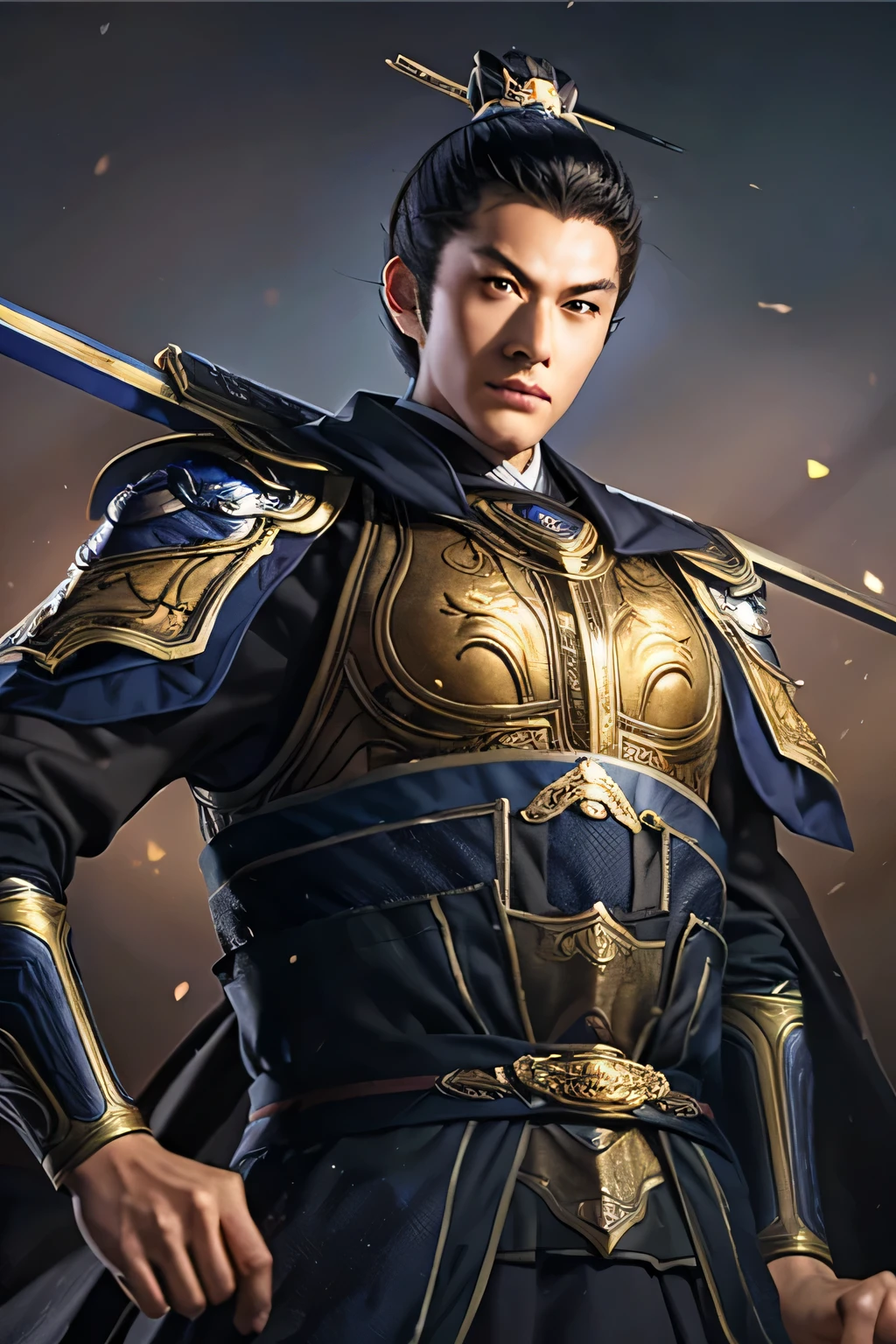 18 year old slim Chinese man, slim middle aged man,realistic,chinese_Armor,alone,Background of ancient chinese cities,detailed_eye,shoulder_Armor,(검은 eye),looking at viewer,(masterpiece:1.2), (best quality:1.2), perfect eye, perfect face, perfect lighting, (8K),(complete anatomy), Nee Shot