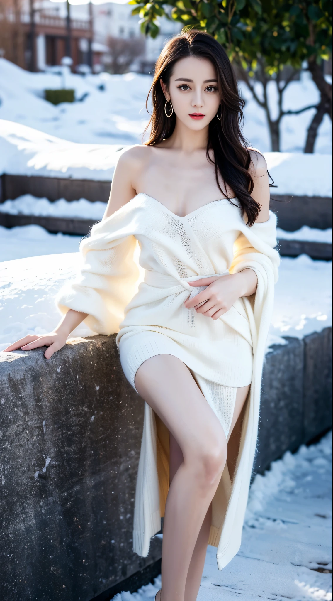 ((top quality、8k、​Masterpiece:1.3))、Extremely delicate and beautiful girl，full-body shot，huge breasts，bigger breasts，amazing breast size，G cup，exposed，exposed出更多的乳房。Wear big earrings，Very white skin，moist red lips，Waist is very thin，Thighs are very thin，big butt，fair and smooth skin，Smooth and fair skin，flawless skin，Fair and shiny skin，cold white skin，The camera focuses on the chest，Bright light，white sweater，下半身exposed，gray wavy hair，heavy snow，snow mountain，sunset，lake