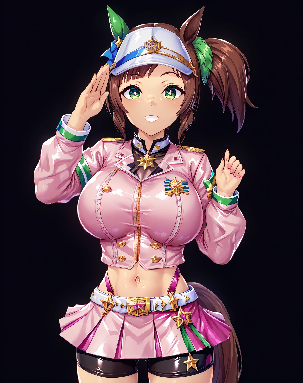 (nsfw),1girl,Alone,sole female,umamusume,ines fujin\(umamusume\),I_FUJIN,ines fujin,side ponytail,blunt bangs,asymmetrical bangs,brown hair,green eyes,freckles,horse girl,horse ears,horse tail, IF_A,visor cap,pink jacket,white puffy short sleeves,pink skirt,navel,bike shorts,white belt,large breasts,looking at viewer,forced smile,((salute,standing)),((from front,front view,cowboy shot)),black background,simple background,BREAK,(Anatomically correct),(ultra detailed),(ultra resolution),(best illustration),(masterpiece),(best quality),(detailed face),(cute eyes),shiny,5 fingers,score_9_up, score_8_up, score_7_up, score_6_up, score_5_up,8K,4K,cinematic lighting,figure,