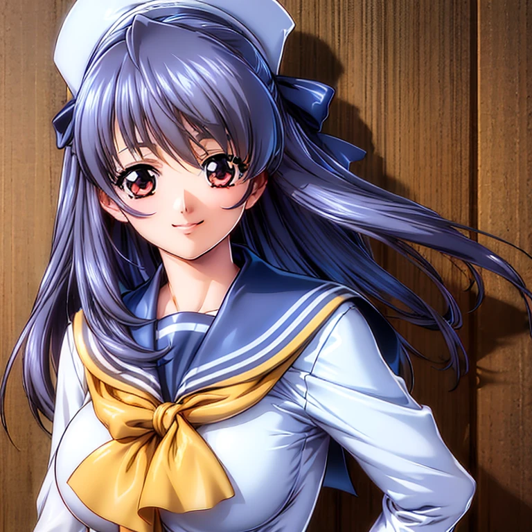  ((1girl)), (best quality), (masterpiece), (focus on face), つやのある肌, arm behind back, smile, voluptuous, glistening breast, school uniform, sailor suit, medium large breasts